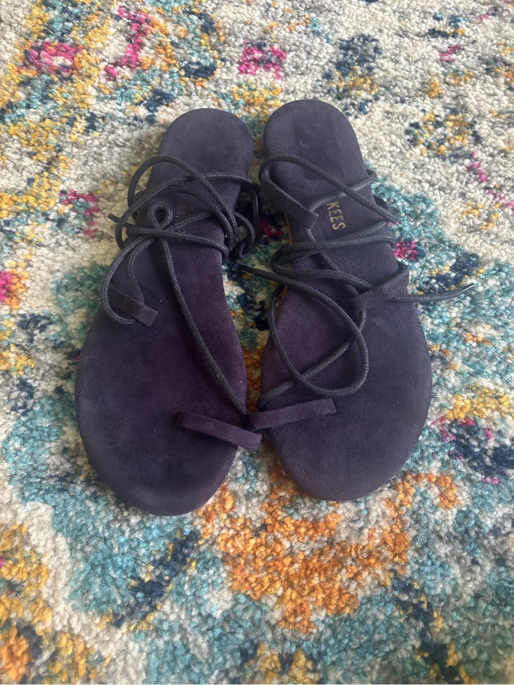 Tkees Jo Suede Ankle-Tie Sandals navy blue women’s size 8 flat gladiator